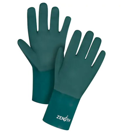 Double Dipped Green Gloves, 12" L, PVC, Cotton Jersey Inner Lining, 70-mil
